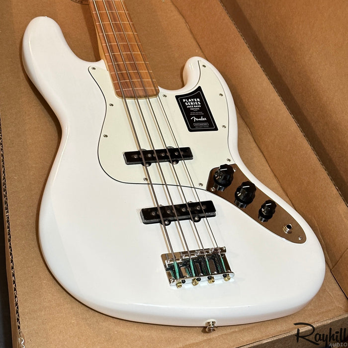 Fender Player Jazz Bass Fretless 4 String MIM Electric Bass Guitar White w/ Gig bag