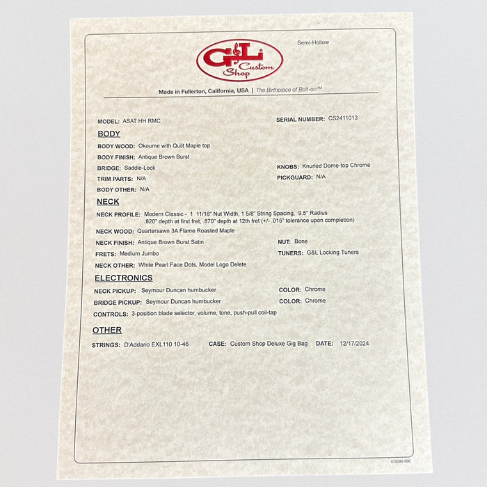 G&L USA Custom Shop ASAT HH RMC Semi Hollow-body Electric Guitar - Antique Brown Burst