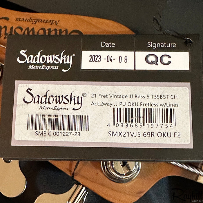 Sadowsky MetroExpress Vintage JJ 5-String Fretless Tobacco Sunburst Electric Bass Guitar 2023 SMX